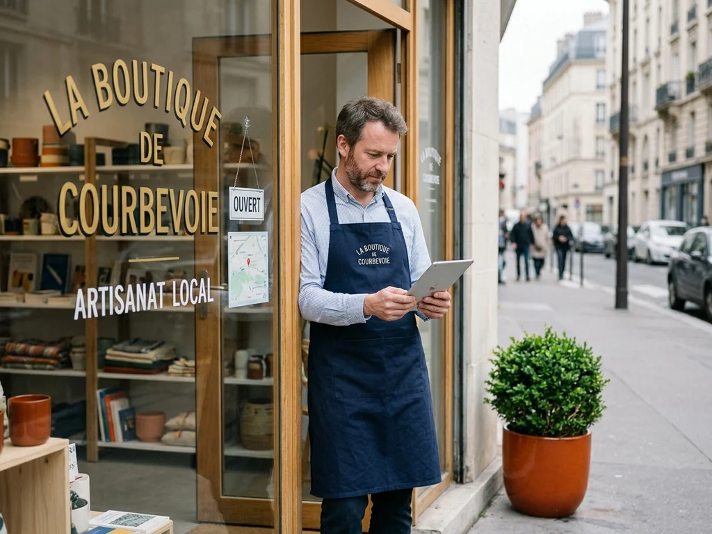 Un commerçant de Courbevoie présentant sa boutique optimisée pour la recherche locale Google Maps.