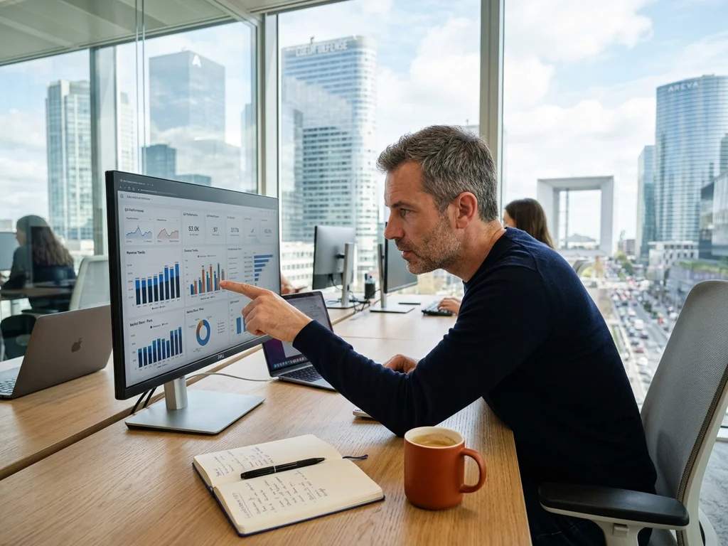 Consultant SEO analysant les indicateurs de performance pour un audit de visibilité à Courbevoie.