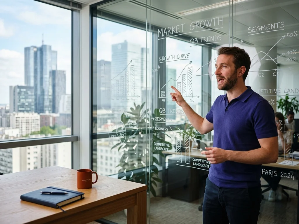 Expert en stratégie SEO analysant des graphiques de performance dans un bureau moderne à Courbevoie.